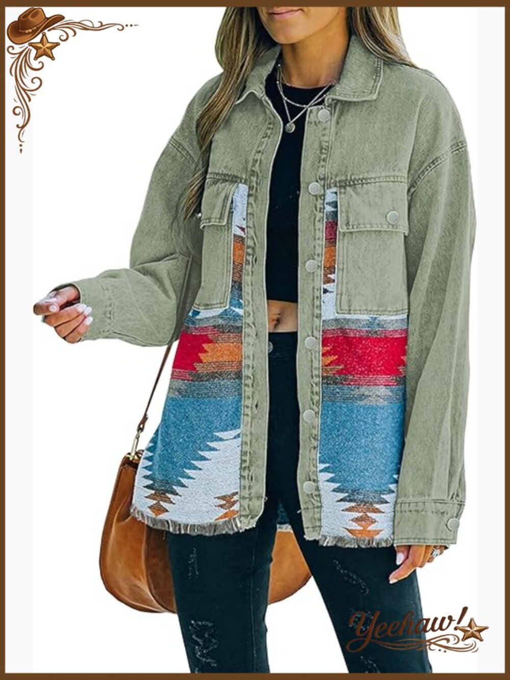 Womens Aztec Denim Jacket Distressed Lapel Long Sleeve Vintage Button Down - Picture 1 of 4